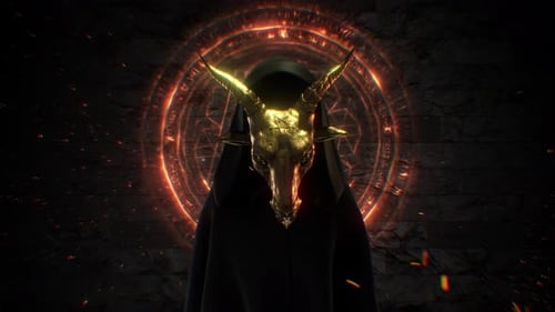 Mysterious Hooded Figure with Golden Horned Skull Mask and Glowing Pentagram