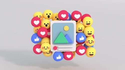 Social network concept. Media post and unique design emojis. Minimal cartoony 3D render animation