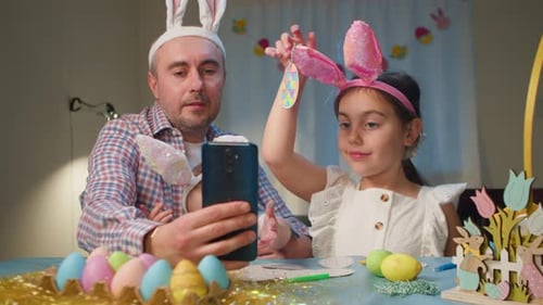 Family Smiling Together Father with Children Taking Selfie with Easter Eggs