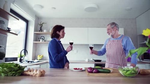 Senior Couple Cheers with Wine in Modern Kitchen