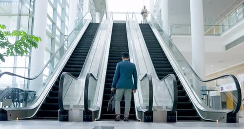 Escalator, Airport and business people travel to work ready for corporate company tradeshow