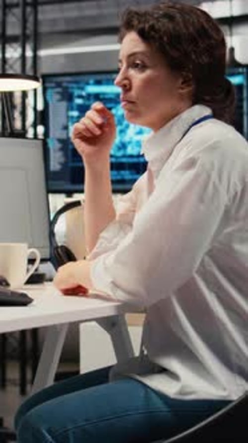 Vertical Video Cheerful Technician Working in Office Using AI Specialized Hardware