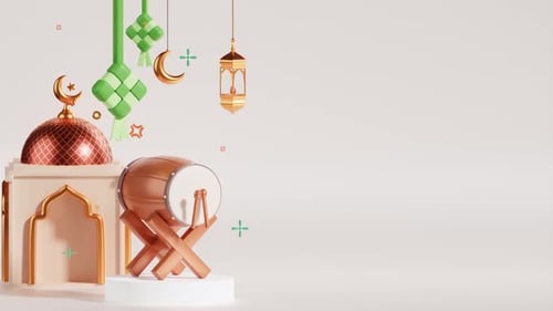 Islamic Decoration Background with Bedug Drum on Podium, Mosque, Lantern, and Ketupat - 3D Animation