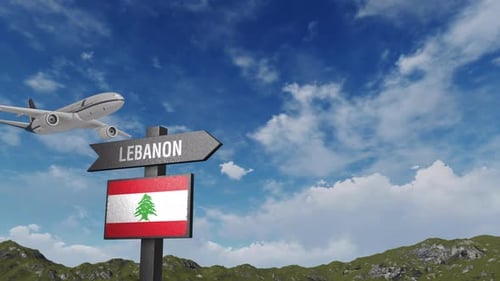 Lebanon Flag With Airplane And Arrow Sign