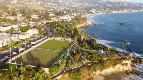 Downtown Laguna Beach, at Sunset. Orange County, Southern California Coast, USA. Drone View of Shore