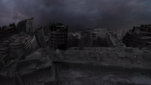 Destroyed city after war or earthquake, Slow aerial view.