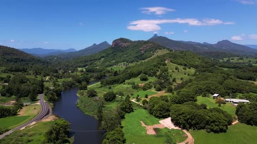 Aerial view over the Tweed River looking towards Wollumbin, Mount Warning in Northern NSW, Australi