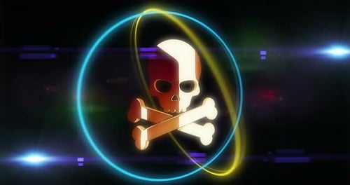 Skull pirates and cyberattack golden symbol in neon circle