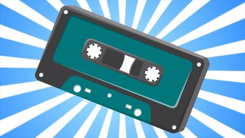 Animated Retro Cassette Tape on Blue and White Striped Background