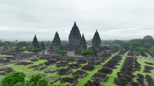 Aerial view of the Prambanan Temple complex, a 9th century Hindu temple in the Special Region of Yog
