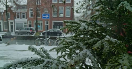 Snowfall in European city