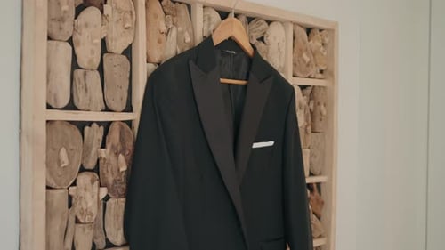 Elegant Black Tuxedo Hanging Indoors Ready for Wedding
