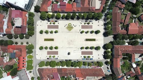 A Drone Rises Over the Main Square in the City of Niksic Montenegro