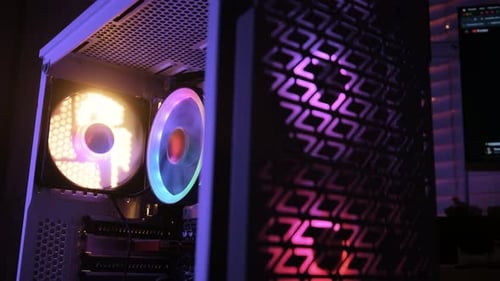 Close Up Shot of Power on of Personal Computer Cooling Unit with the Fan of the Stylish Lights