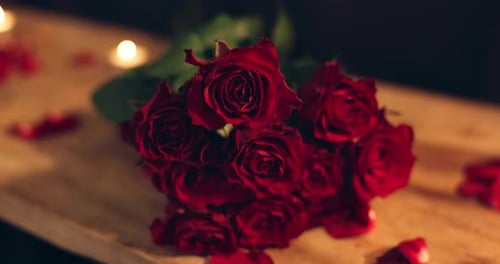 Roses, table and romantic for anniversary, restaurant and gift for date on valentines day