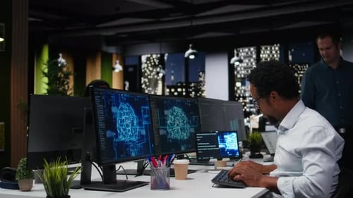 Tech Startup IT Professional Developing AI Algorithms in High Rise Office