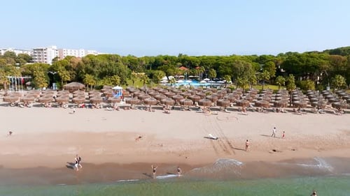 Aerial View of Umbrellas Palms on the Sandy Beach People Blue Sea with Waves at Sunset