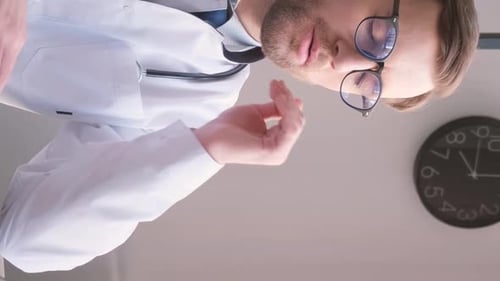 Attractive Bearded Tired Cardiologist Doctor Sitting in Office and Working at Computer Vertical