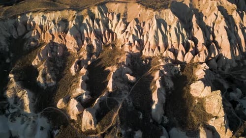 Aerial view of a canyon with rock formation in Cappadocia, Turkey.