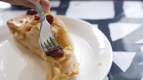 Eating Delicious Slice of Apple Pie Close Up