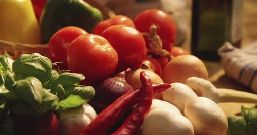 Close-up of mixed vegetables with hand picking one single tomato from the setting. Slow motion foota