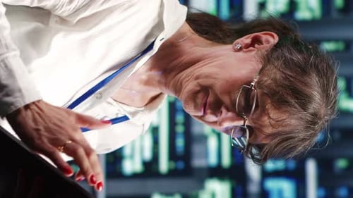 Woman in Tech Workplace Examining Tablet
