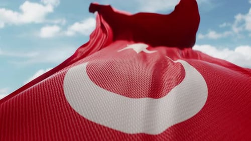 Drapeau ondulé de la Turquie soufflant dans le vent au ralenti avec le symbole officiel de l'équipe du drapeau turc