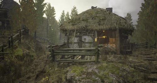 Rustic Wooden Cabin with Thatched Roof Surrounded By Dense Forest Landscape