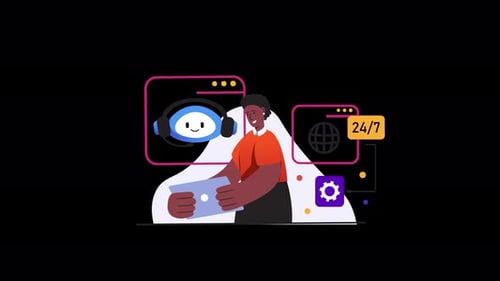 A woman interacting with a chatbot in a digital environment