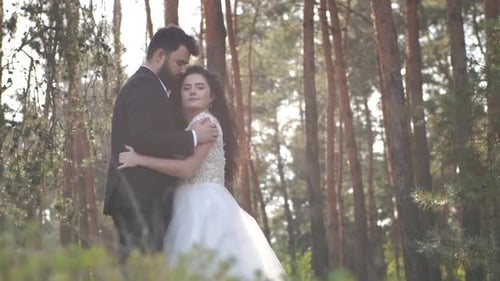 Beautiful wedding couple standing in forest