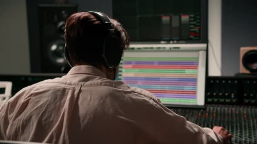 Sound engineer working in music studio with monitors and equalizer on screen mixing and mastering