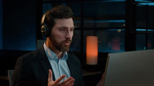 Businessman with Headphones Use Computer Headset in Call Center Helpline Company Talking Distant