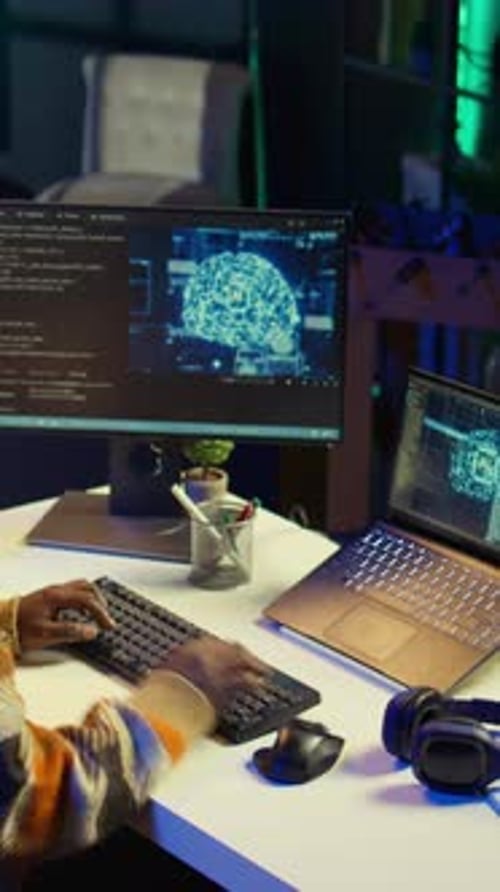 Vertical Video African American IT Professional Managing AI System for Machine Learning
