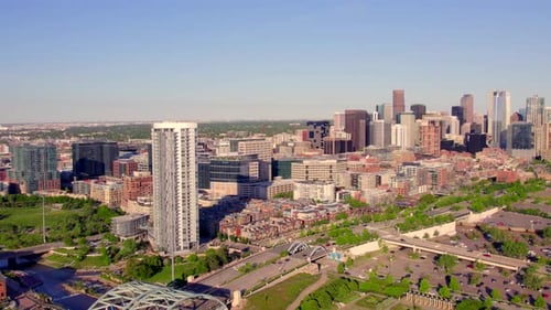 Panorama Of High-rise BuildingsAt Financial District Of Downtown Denver In Colorado, USA. - aerial
