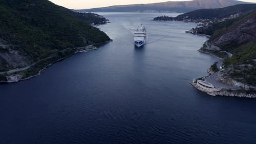 Aerial view of cruise ship in Kotor Bay, Montenegro.