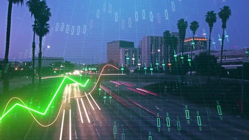 Creative Illuminated Night Time Los Angeles City Background with Increasing Chart. Trade