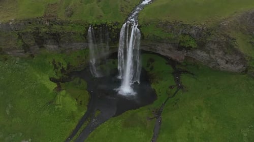 Aerial shot of Seljalandsfoss waterfall. One of the most beautiful waterfalls on Iceland