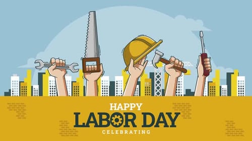 Happy Labor Day Animated Greeting with Worker Tools Illustration