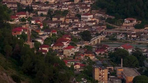 Aerial view of historic Berat and Gorica Bridge, Albania.