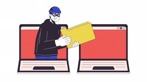 Animated Hacker Steals Digital Data from Laptop