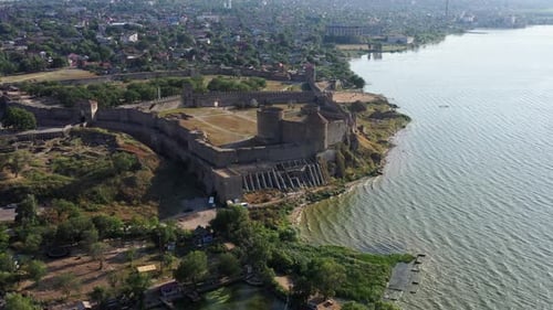 Aerial view of the Ackerman fortress on coast of the Dniester estuary. Medieval landmark of Bessarab