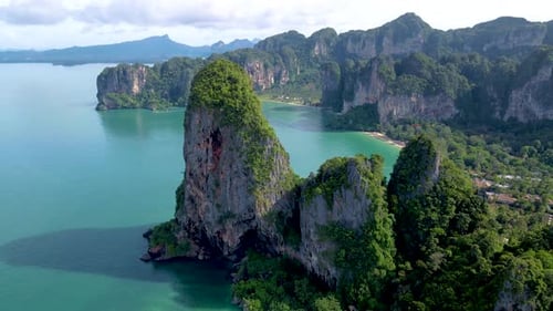 Aerial Drone View at the Limestone Cliffs and Tropical Beach of Railay Beach Krabi Thailand