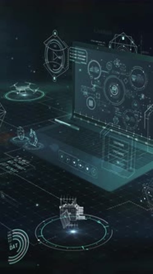Ordinateur portable présentant une interface futuriste avec des icônes de l'astronomie et de la recherche scientifique