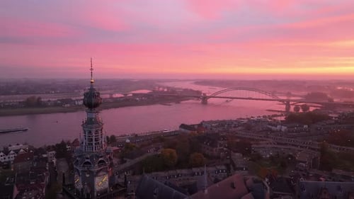 Aerial view of Nijmegen cityscape at sunrise, The Netherlands.