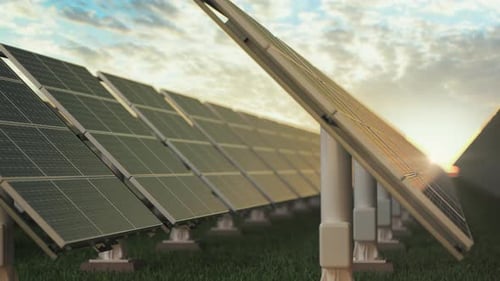 Row of Solar Panels on a Solar Energy Farm Under Sunset Clean Green Energy