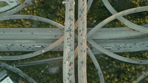 Aerial Drone Fly Above Intersection Freeway i10 Houston Texas Interstate Highway