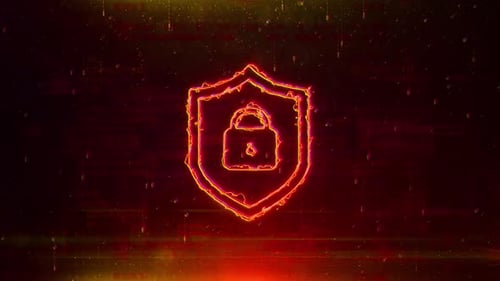 Shield And Lock Concept Logo auf abstraktem Netzwerktechnologie-Hintergrund, digitale rote Farbe