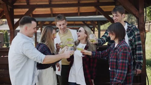 Friends are Holding Clinking Glasses Drinking Various Refreshing Beverages