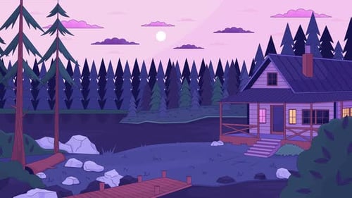 Cozy cabin by lake dusk lo fi animated cartoon background