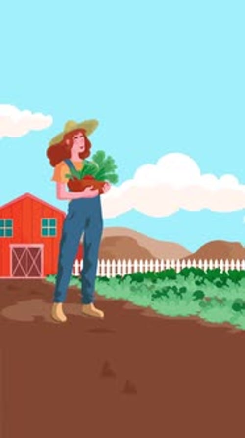 Animated Female Farmer Holding Harvested Vegetables Vertical Illustration